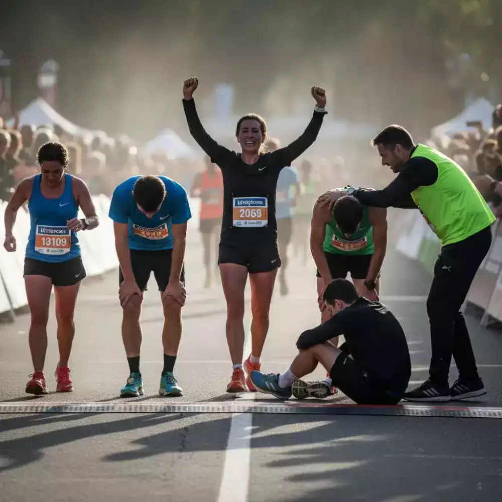 Runner crossing finish line with emotion