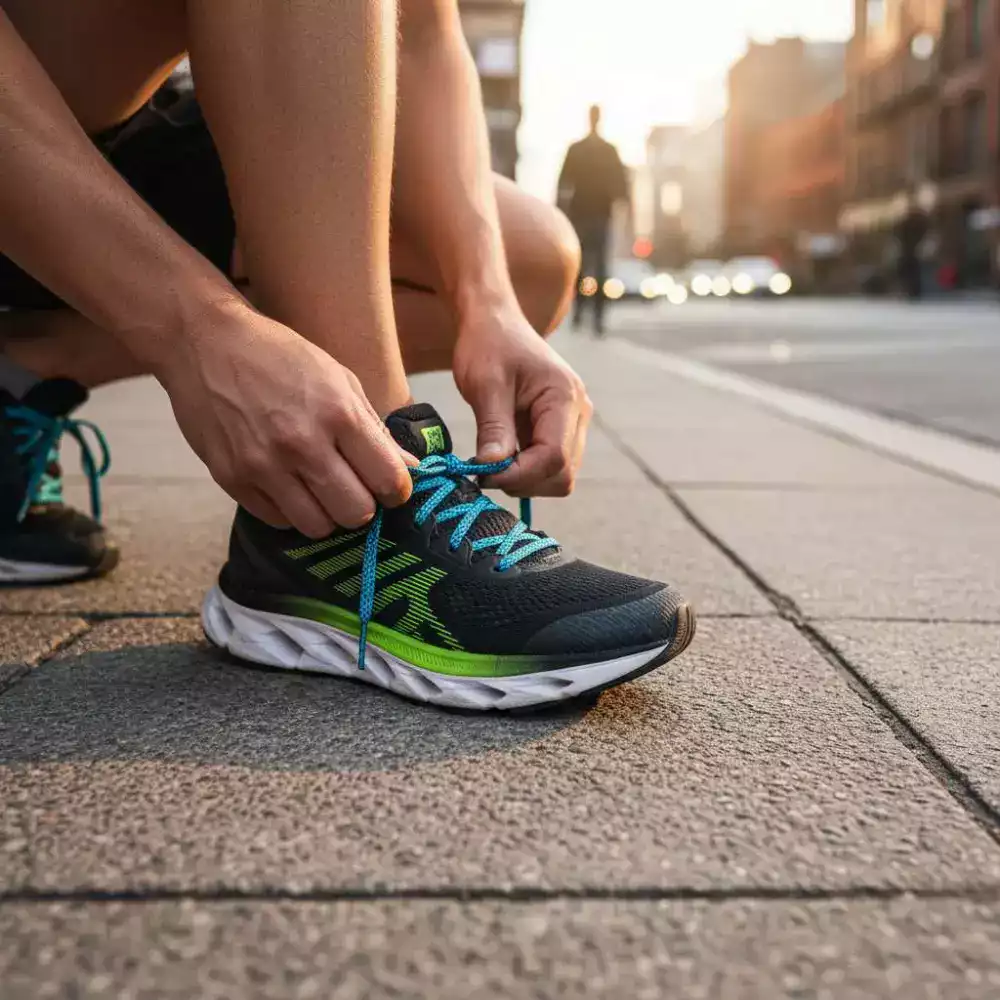 Runner focusing before the race with blurred roman architecture